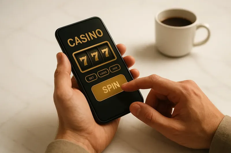 Man's hands tapping a mobile casino interface on a phone
