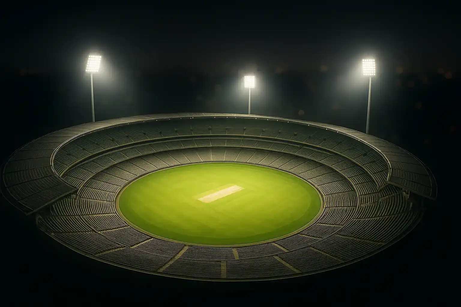 Cricket Stadium Night Aerial view of cricket stadium at night with bright floodlights