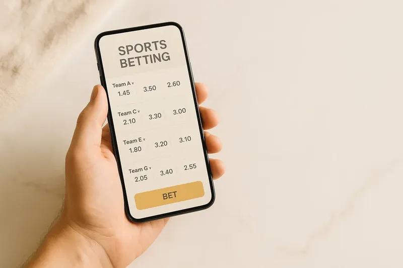 Hand holding smartphone showing sports betting odds on marble surface