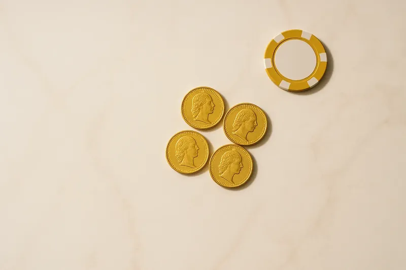 Five gold coins on cream marble with poker chip edge
