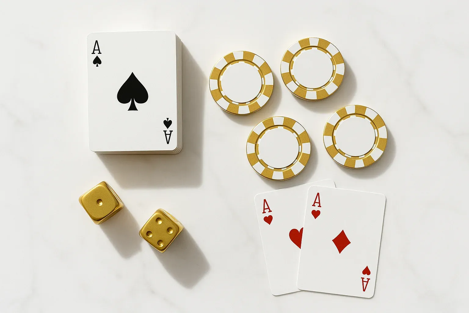 Luxury Casino Still Life Elegant casino chips, cards and dice on white marble surface