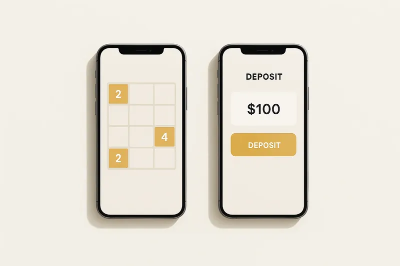 Two smartphones on cream background showing game grid and deposit screen
