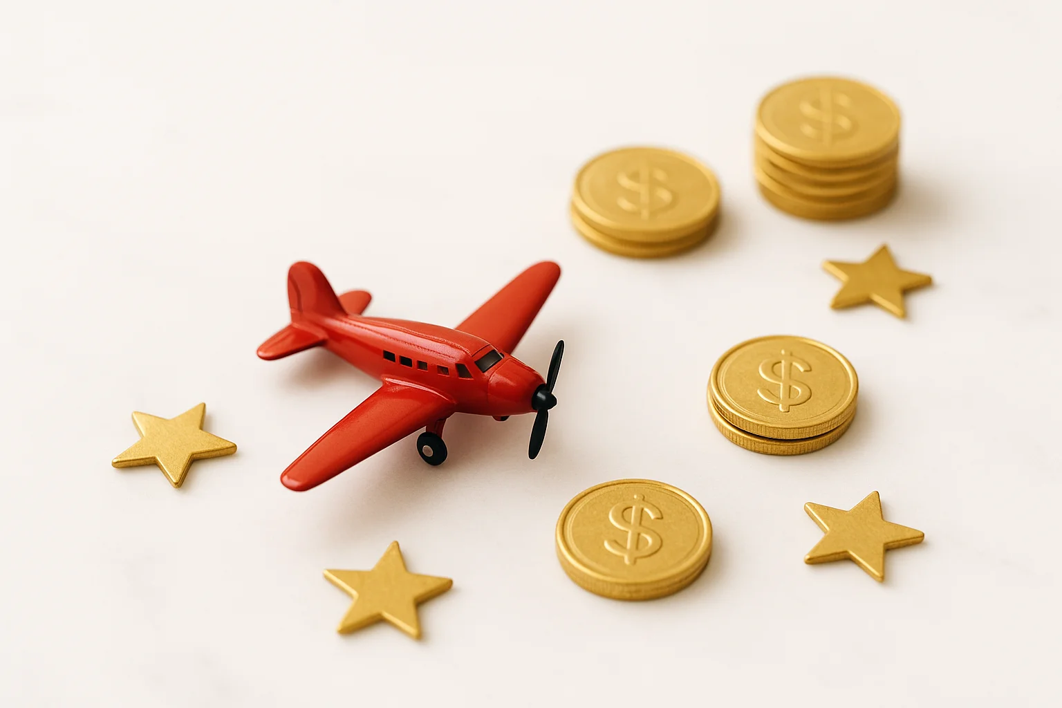 Miniature Airplane Tokens Miniature red airplane with gold coins and star tokens on marble