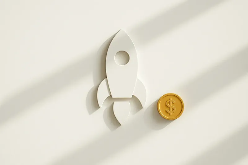 Minimalist rocket icon with gold coin on white background
