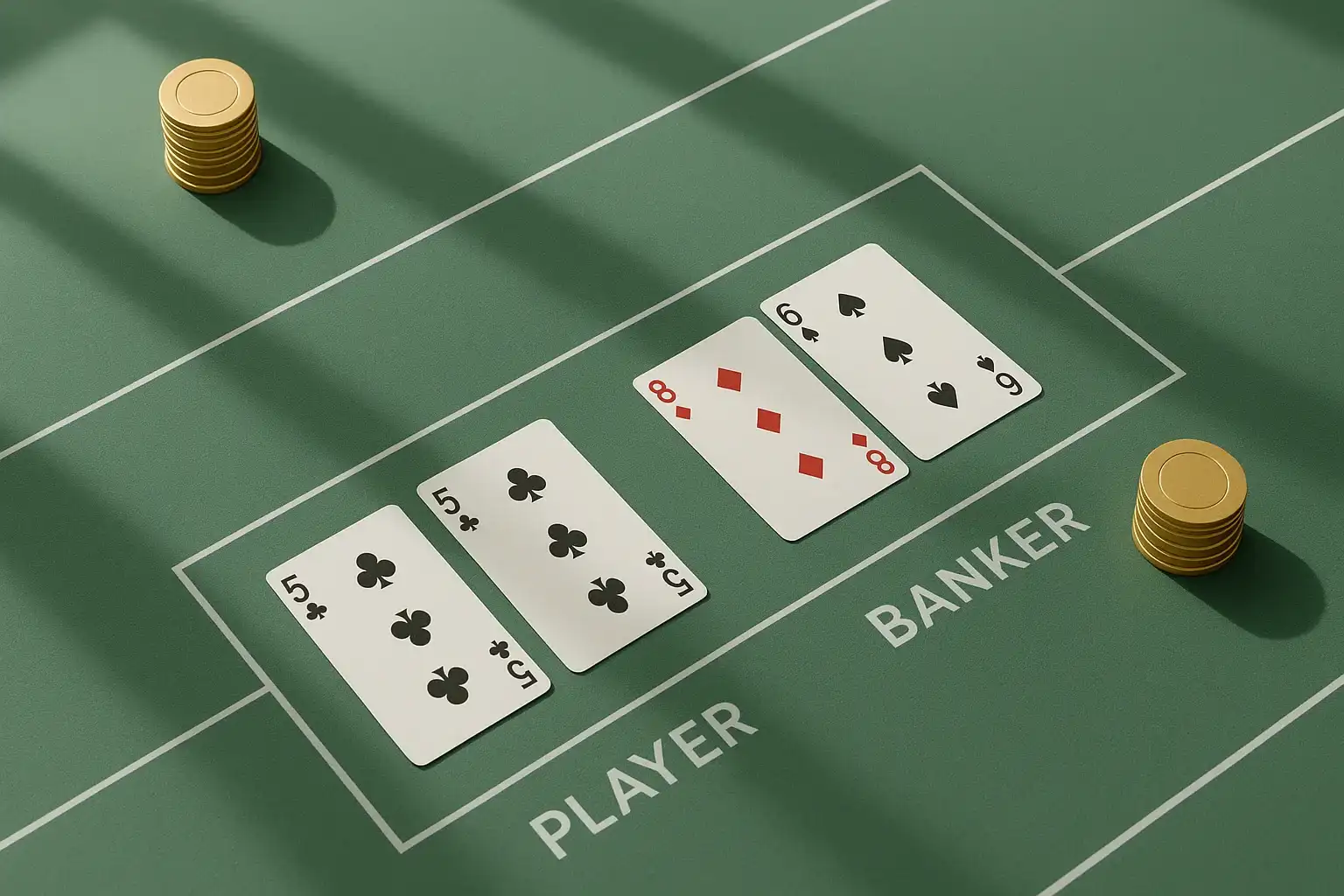 Live Baccarat Table Overhead live baccarat table with gold chip towers and geometric shadows