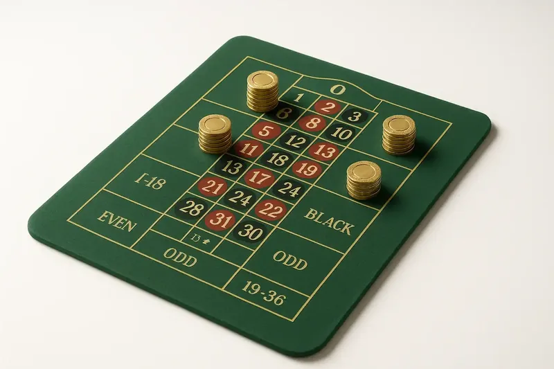 Top-down roulette table layout with green felt and gold chips